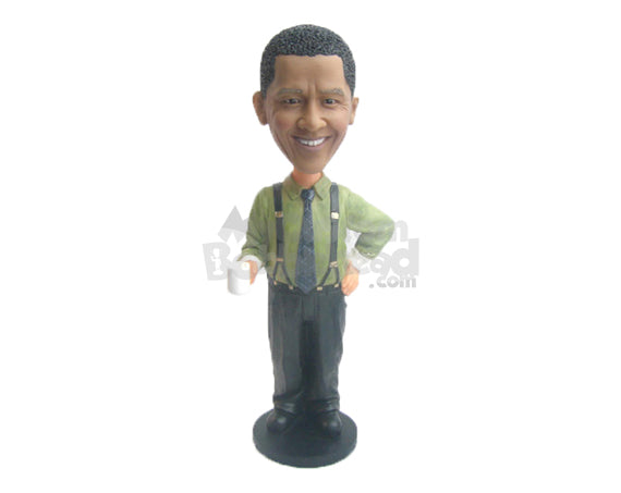 Custom Bobblehead Neat Man In Professional Attire With Suspenders And A Cup In Hand - Leisure & Casual Casual Males Personalized Bobblehead & Cake Topper Custom Bobblehead Neat Man In Professional Attire With Suspenders And A Cup In Hand - Leisure & Casual Casual Males Personalized Bobblehead & Cake Topper